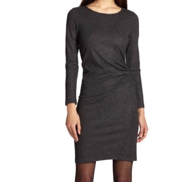 Theory Jinsel Sheath Dress Size 2 Charcoal Gray 100% Wool Ruched Waist Jersey - Picture 1 of 7